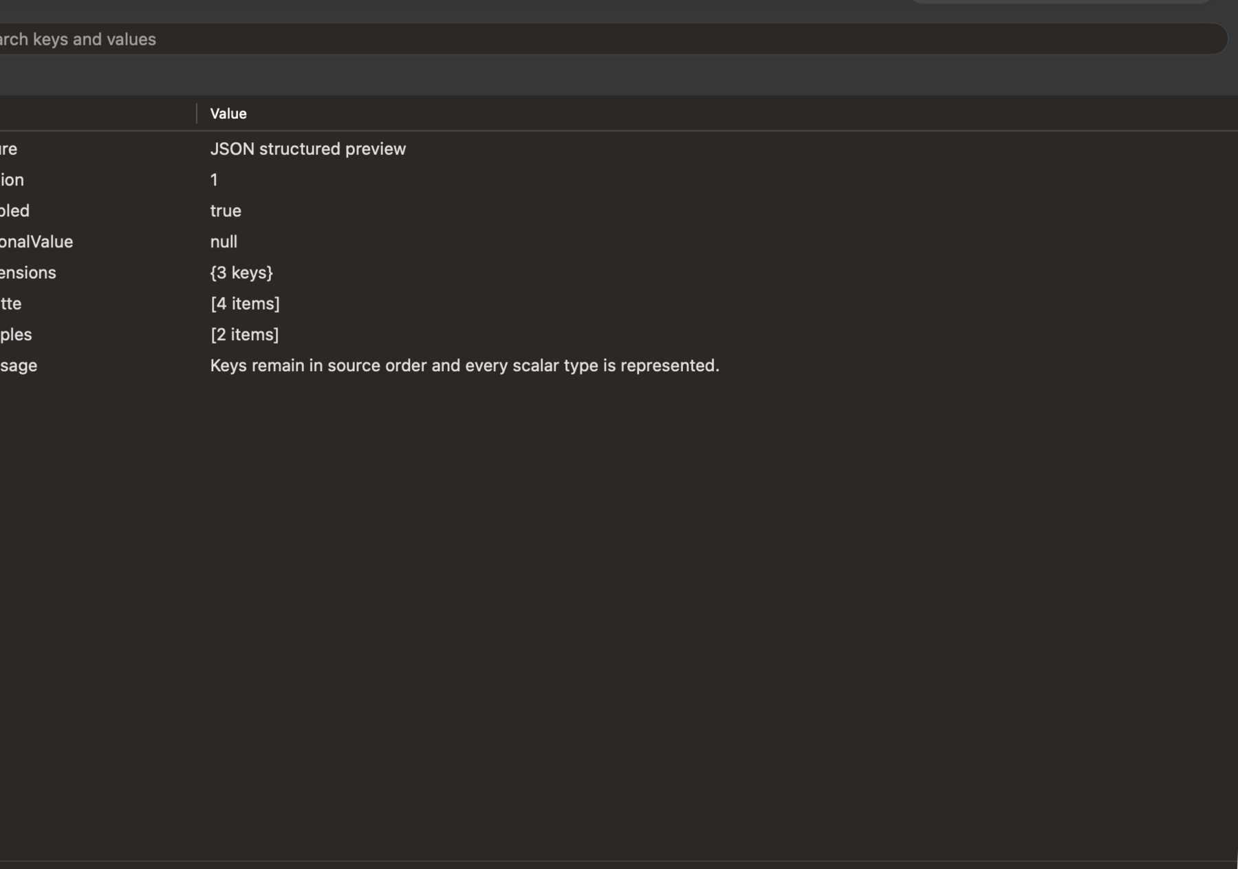 Kod displaying searchable, expandable JSON keys and values