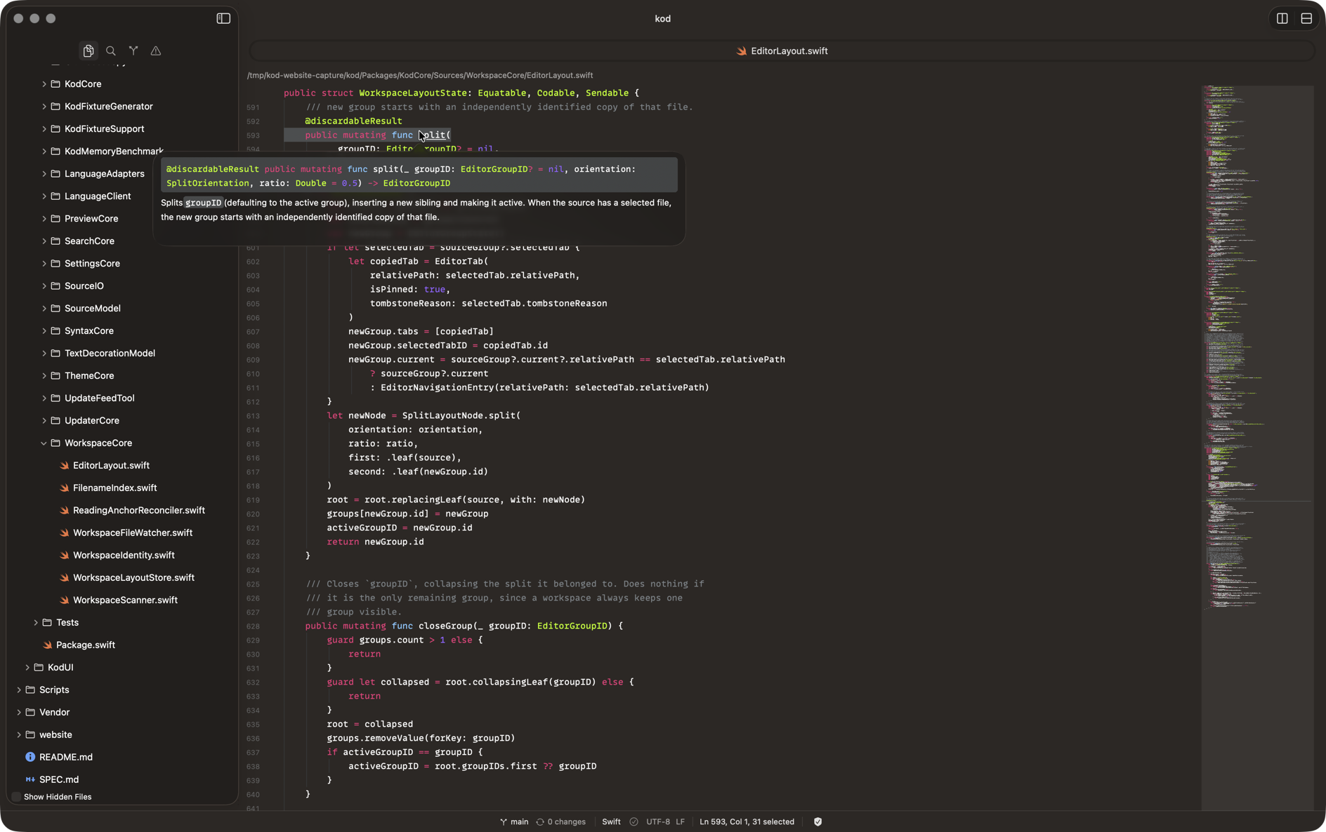 Kod showing Swift source from its own repository with language-server documentation for a symbol